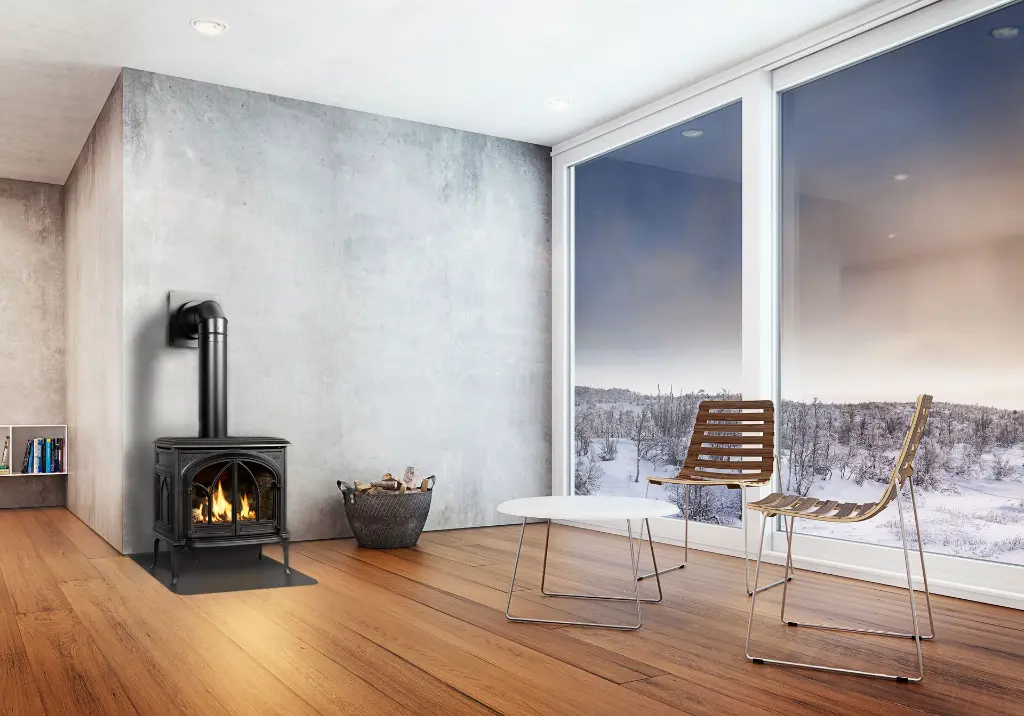 Poêle au gaz gaz propane GF500 noir mat de Jotul avec sa flamme réaliste permettant de chauffer jusqu'à 40 000 BTU