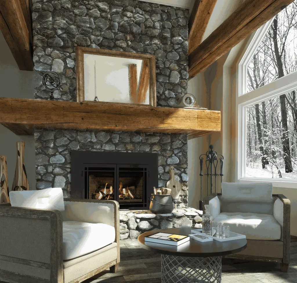 Insert au gaz traditionnel Chantico 31 d'Archgard, créant une ambiance de chalet rustique dans une imposante cheminée en pierres des champs avec un manteau de poutre en bois.