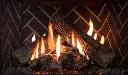 Gros plan sur les bûches et le feu réaliste de l'insert Enviro Ri30, avec un intérieur en briques à motif de chevrons.