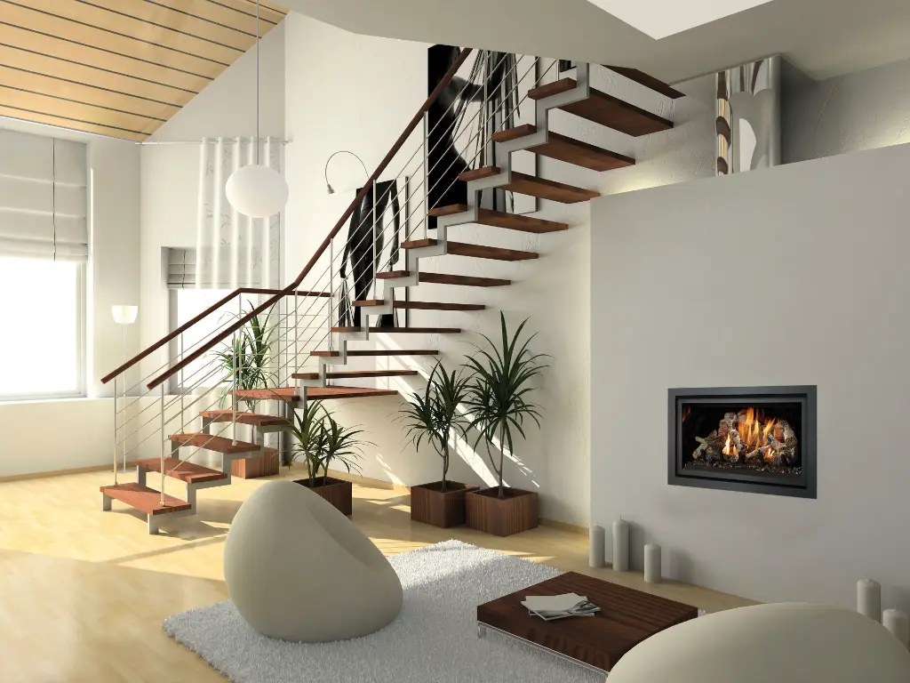 Design architectural moderne mettant en scène le foyer au gaz 564 TV 35K comme un tableau d'art mural près d'un escalier flottant.