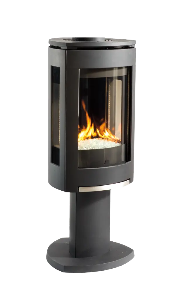 Poêle GF370 noir de Jotul, 3 vitres avec un look moderne et un média de verre blanc