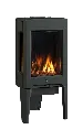 Petit poêle au gaz moderne en fonte avec média de petites roches et avec des panneaux de verre noir réfléchissants