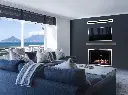 Style côtier moderne avec le foyer au gaz Pelée 345 d'Archgard installé sous une télévision, avec une vue panoramique sur l'océan.