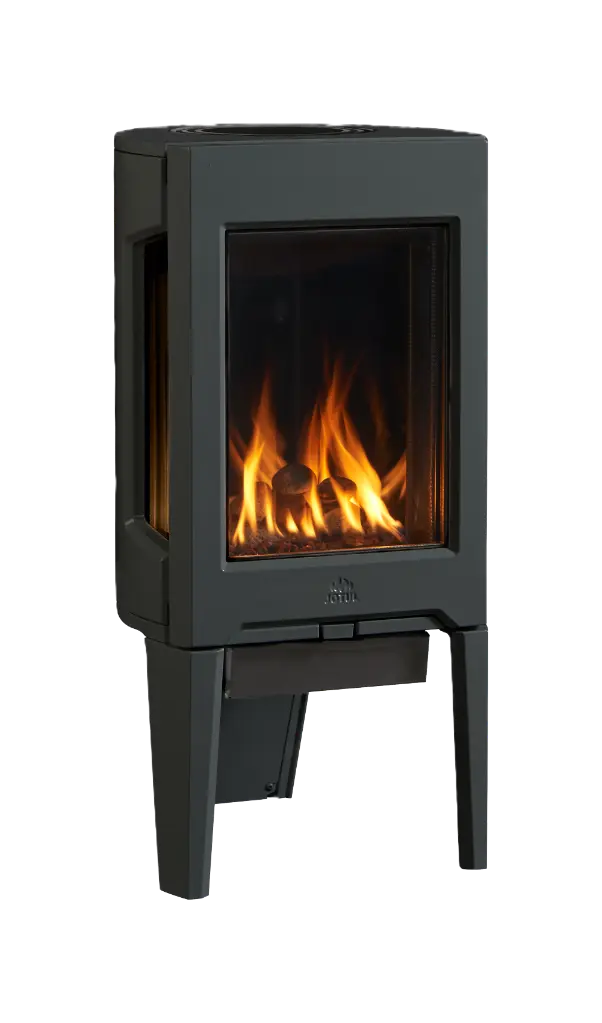 Vue rapproché du poêle au gaz au design épuré avec roches de rivière et panneaux en verre réfléchissants noirs