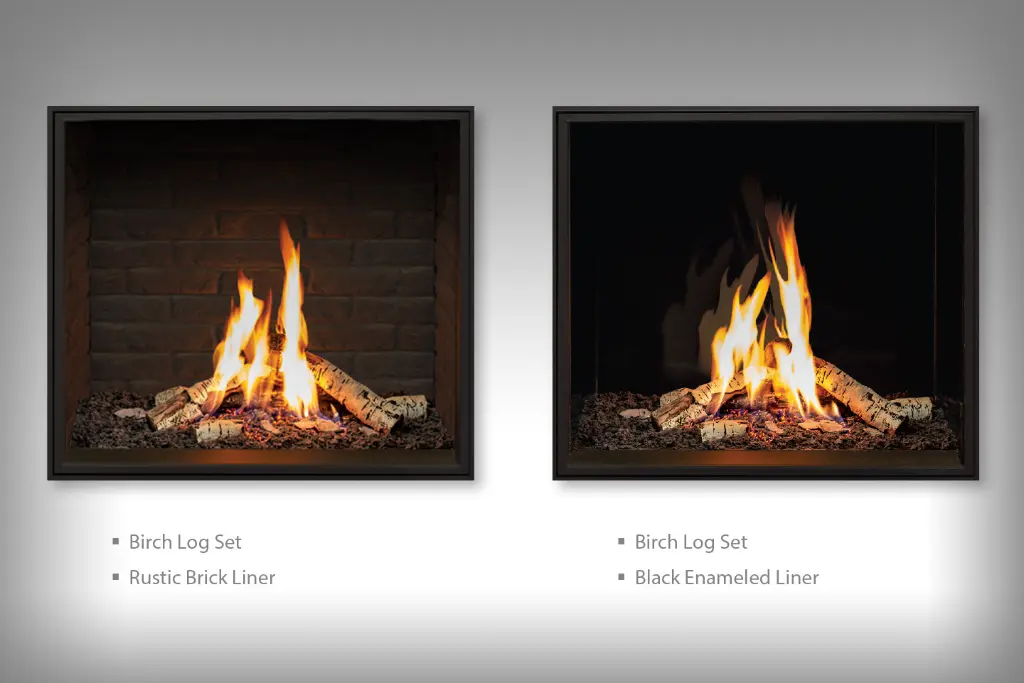 Options d'intérieur pour le foyer au gaz Urbana U33 avec le jeu de bûches de bouleau : panneaux de briques rustiques ou panneaux d'émail noir réfléchissant.