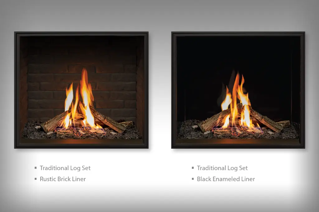 Comparaison des options d'intérieur pour le foyer Urbana U33 : à gauche, l'intérieur en briques rustiques, et à droite, l'intérieur en panneaux d'émail noir réfléchissant.