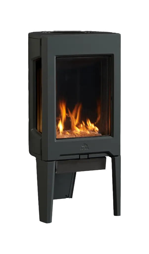 Poêle moderne en fonte GF160 de Jotul avec panneaux noirs réfléchissants avec le média de verre blancs