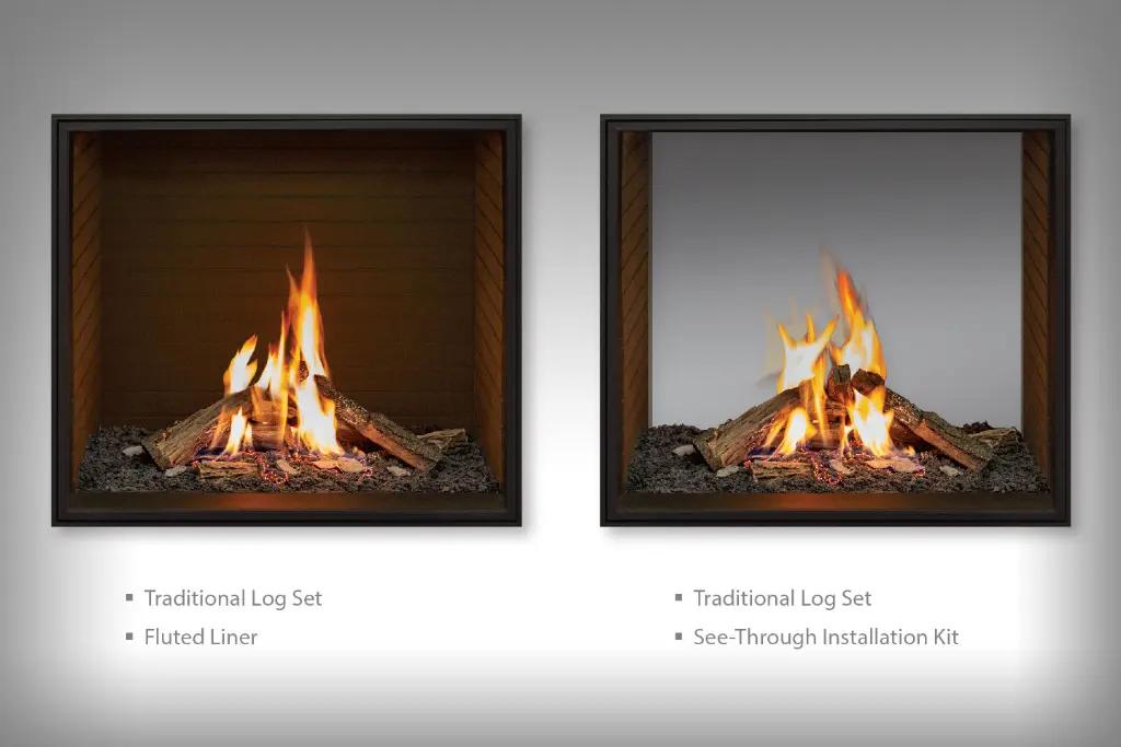 Comparaison des options d'installation pour le foyer Urbana U33 : à gauche, l'installation standard avec fond cannelé, et à droite, l'option double face (See-Thru).