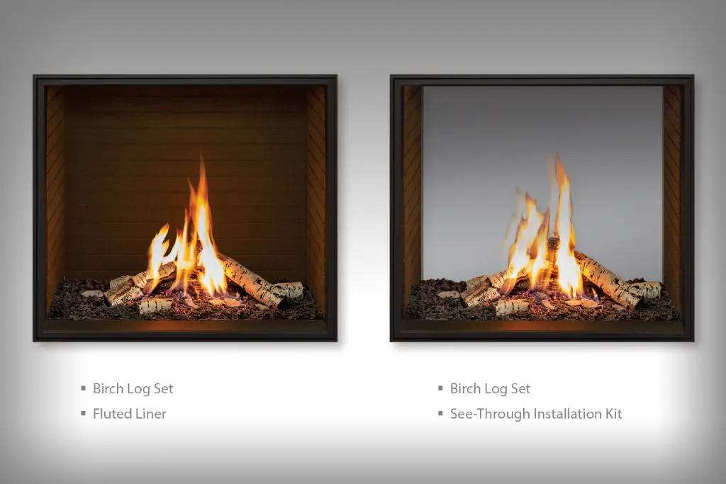 Présentation du jeu de bûches de bouleau pour le foyer Urbana U33, avec l'option de fond cannelé ou l'installation double face (See-Thru).