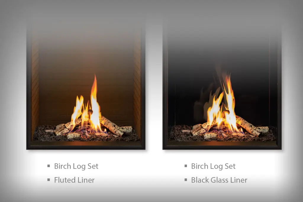 Options d'intérieur pour le foyer au gaz Urbana U33 Tall avec le jeu de bûches de bouleau : fond cannelé ou panneaux de verre noir réfléchissant.