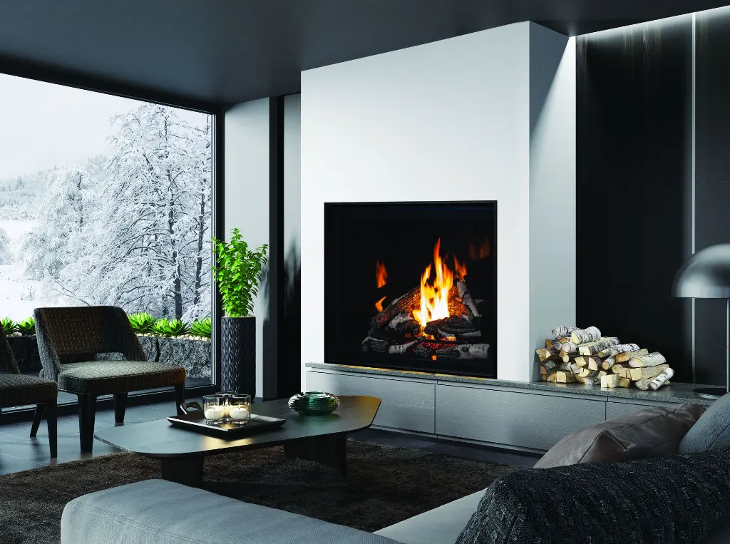 Foyer au gaz Urbana U44 créant un contraste chaleureux dans un décor moderne et minimaliste, avec une grande fenêtre donnant sur un paysage d'hiver.