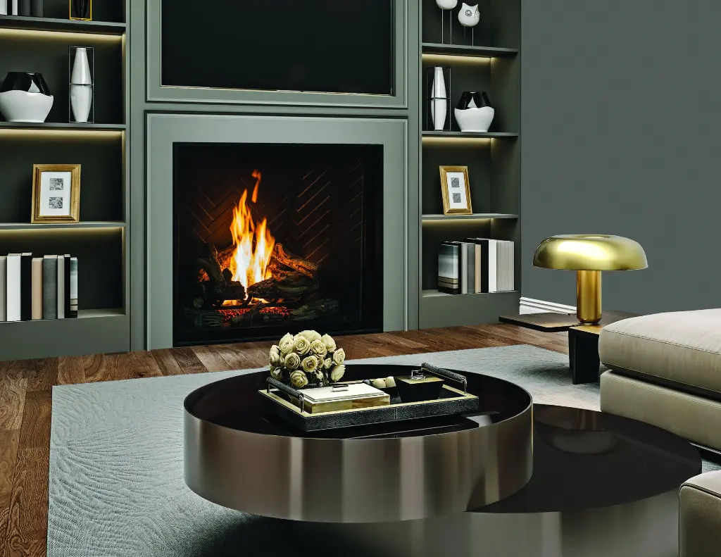 Design sophistiqué avec le foyer au gaz Urbana U44, intégré dans un meuble multimédia gris sur mesure avec des étagères illuminées.