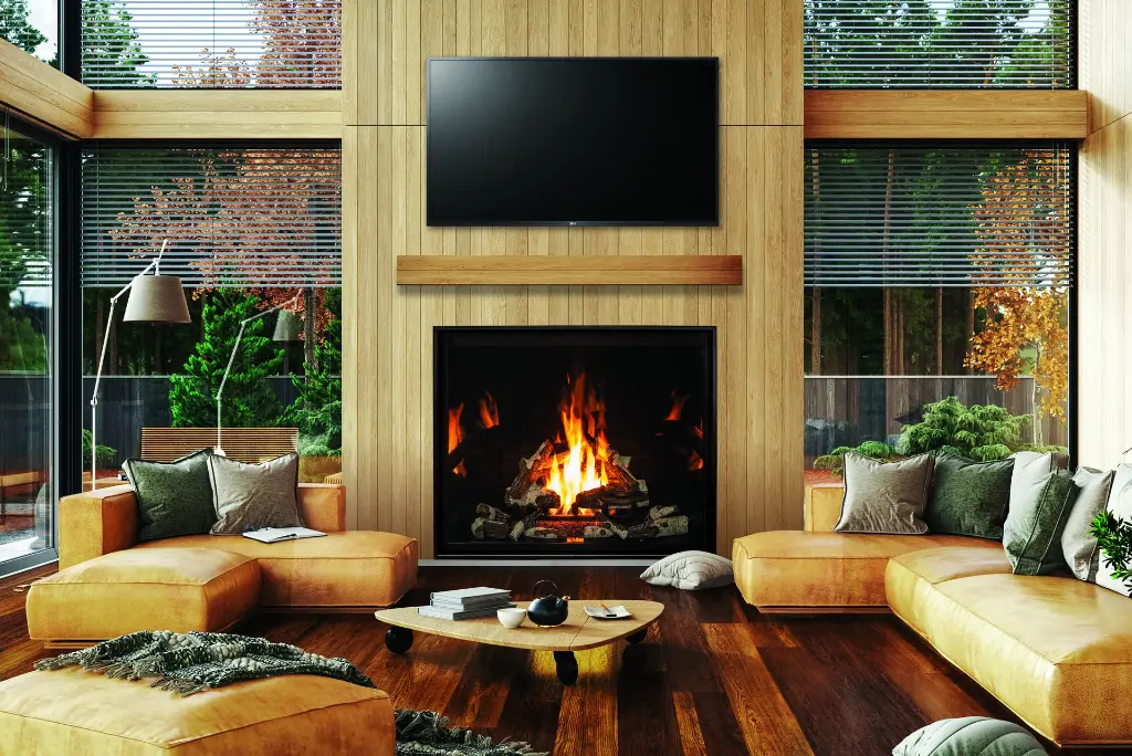 Look scandinave de luxe avec le foyer au gaz vertical Urbana U55, installé sous une télévision dans un mur de lattes de bois clair.