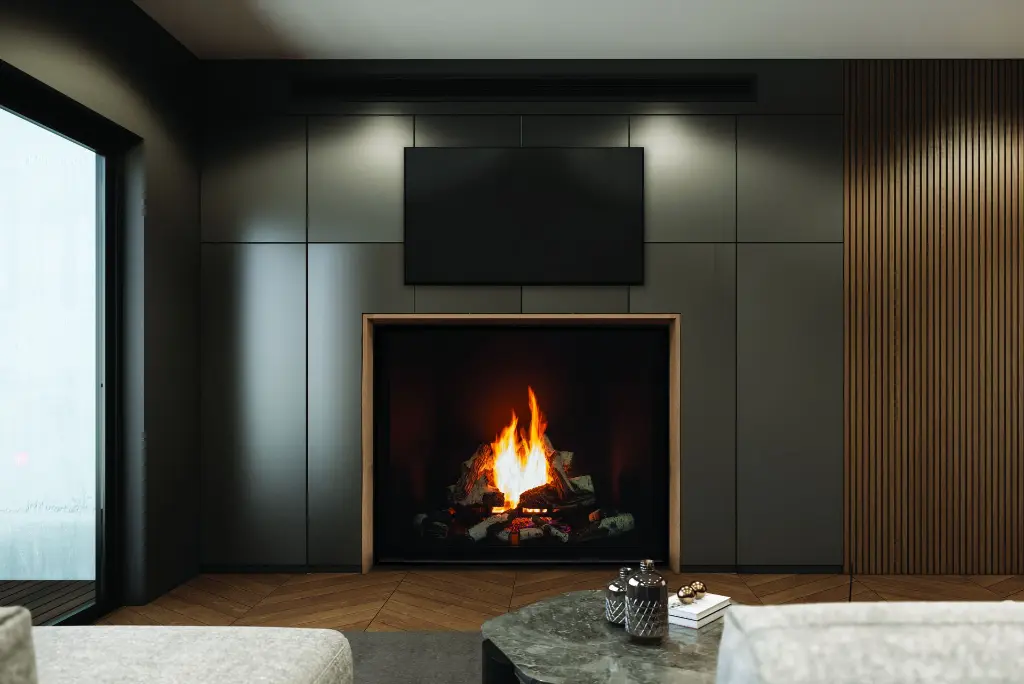 Design contemporain et feutré avec le foyer au gaz vertical Urbana U55, créant un point focal élégant dans un mur aux panneaux foncés.