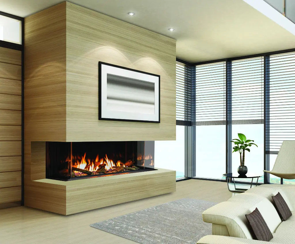 Design contemporain et chaleureux avec le foyer au gaz en baie Urbana U50, encastré dans une structure architecturale en boiseries claires.