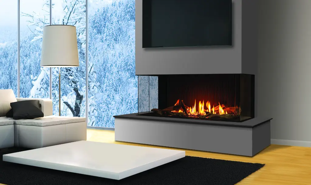 Foyer au gaz linéaire en baie Urbana U50 avec vue sur trois côtés, offrant une ambiance chaleureuse et moderne avec un paysage d'hiver en arrière-plan.