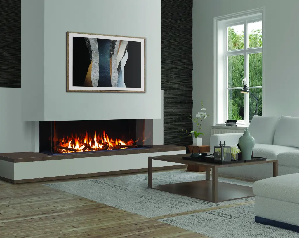 Foyer au gaz à trois faces Urbana U70, combinant design moderne et chaleur, dans un décor de salon transitionnel aux couleurs neutres.