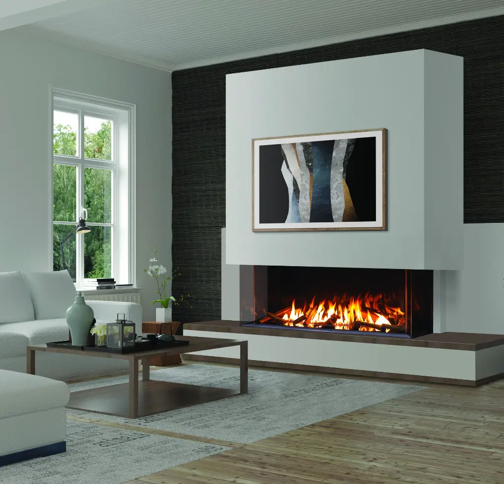 Foyer au gaz en baie Urbana U70 Tall, servant de pièce maîtresse dans un salon de style transitionnel aux couleurs neutres.