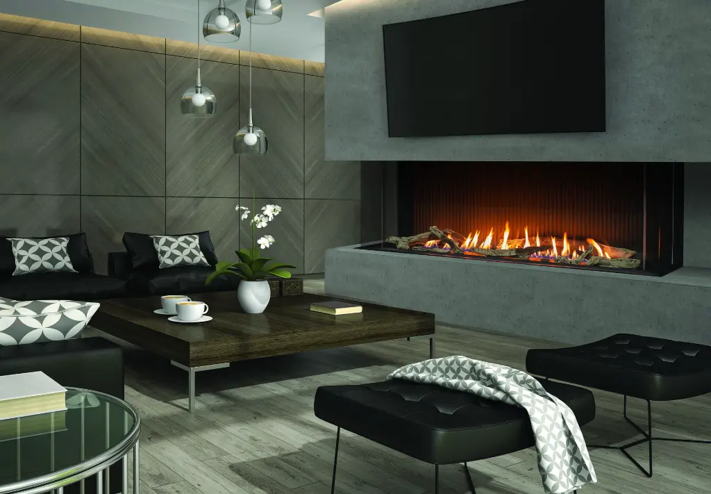 Foyer au gaz en baie Urbana U70 Tall, créant un design de luxe avec un mur de béton et des boiseries foncées dans un salon contemporain.