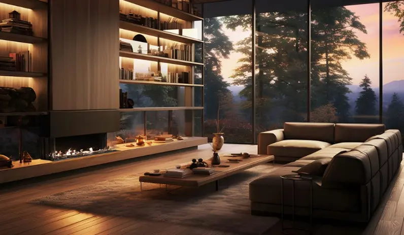 Ambiance de luxe avec le foyer au gaz à trois faces Galaxy 58 de Genesis, intégré dans une bibliothèque sur mesure avec une vue panoramique sur la forêt.