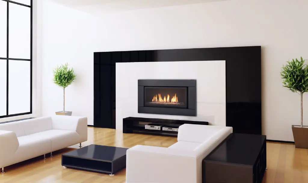Foyer au gaz Essence 45, créant un point focal spectaculaire dans un centre de divertissement au design noir et blanc très contrasté.