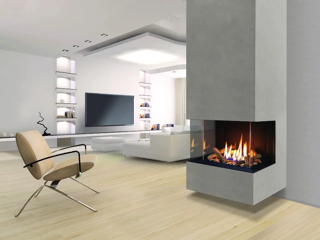 Design architectural avec le foyer au gaz à trois faces Urbana U30, ici dans une installation murale suspendue au fini béton pour un style ultra-moderne.