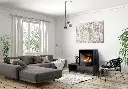 Poêle à gaz "Cube" d'Enviro sur un banc allongé, créant un point focal dans un salon de style scandinave moderne et lumineux.
