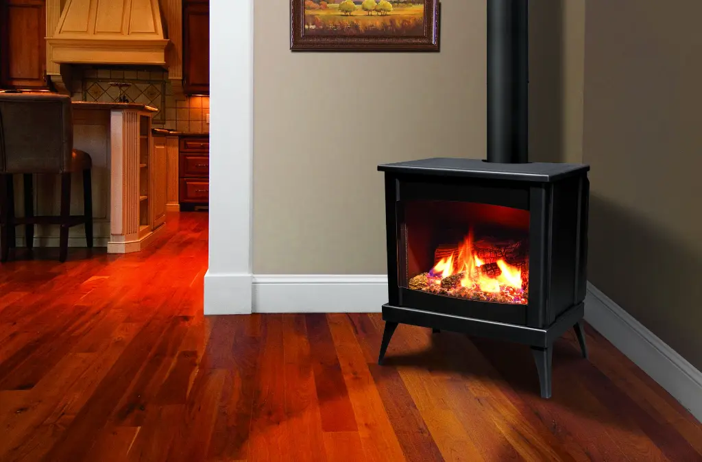 Poêle à gaz autoportant Westport d'Enviro en acier noir, une solution de chauffage compacte et élégante pour un coin salon ou une cuisine.