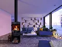 Ambiance feutrée dans un salon moderne avec le poêle à gaz S50 de Marquis et sa vue panoramique sur le feu, complétant une grande fenestration avec vue sur l'hiver.
